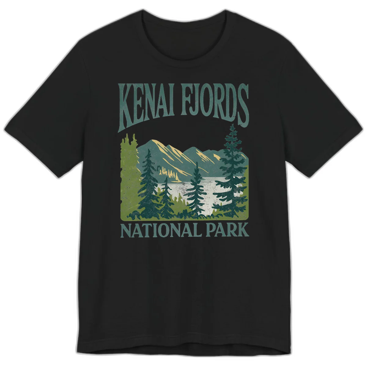 Vintage-style Kenai Fjords National Park poster art with snow-capped mountains, evergreen forests, and glacier landscape in teal and cream colors in Black