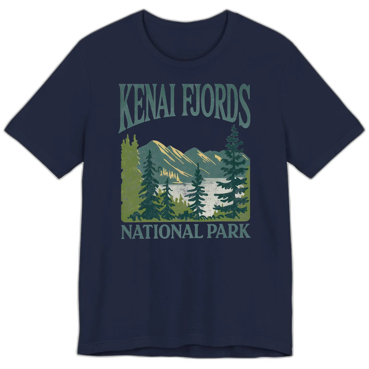 Vintage-style Kenai Fjords National Park poster art with snow-capped mountains, evergreen forests, and glacier landscape in teal and cream colors in Navy