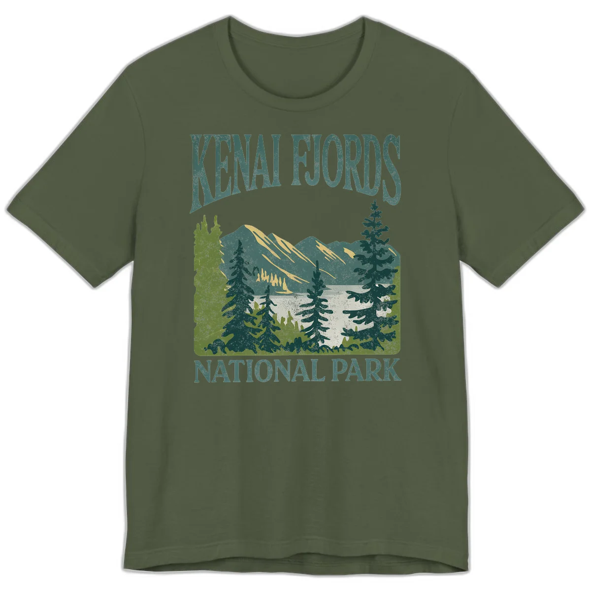 Vintage-style Kenai Fjords National Park poster art with snow-capped mountains, evergreen forests, and glacier landscape in teal and cream colors in Military Green