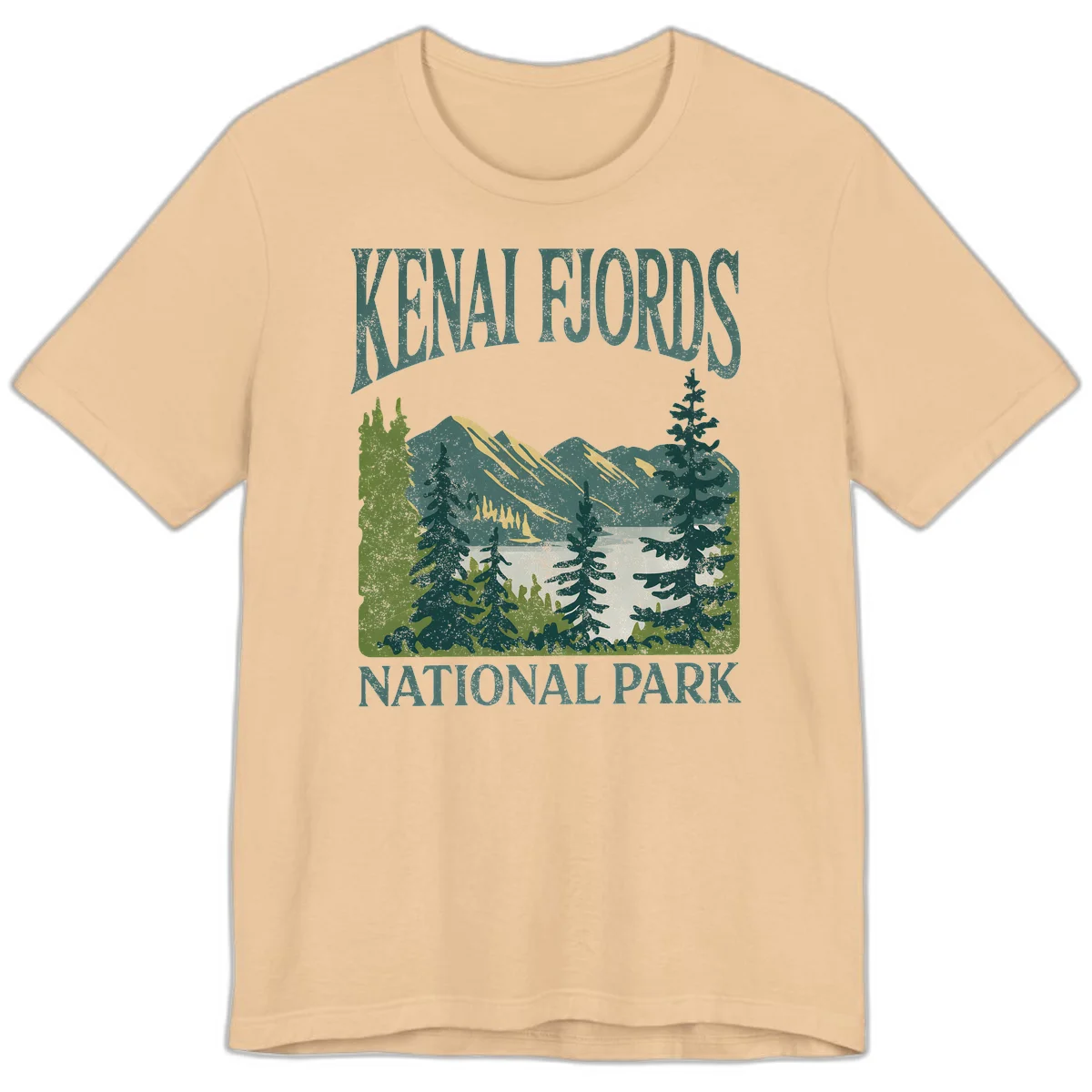 Vintage-style Kenai Fjords National Park poster art with snow-capped mountains, evergreen forests, and glacier landscape in teal and cream colors in Sand Dune
