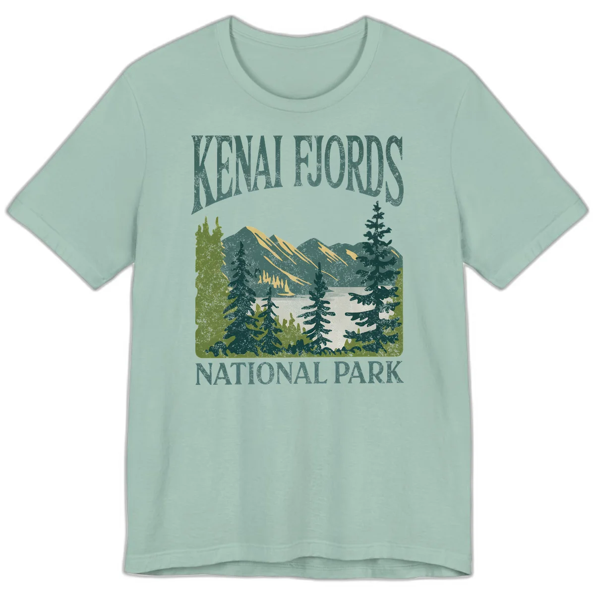 Vintage-style Kenai Fjords National Park poster art with snow-capped mountains, evergreen forests, and glacier landscape in teal and cream colors in Dusty Blue