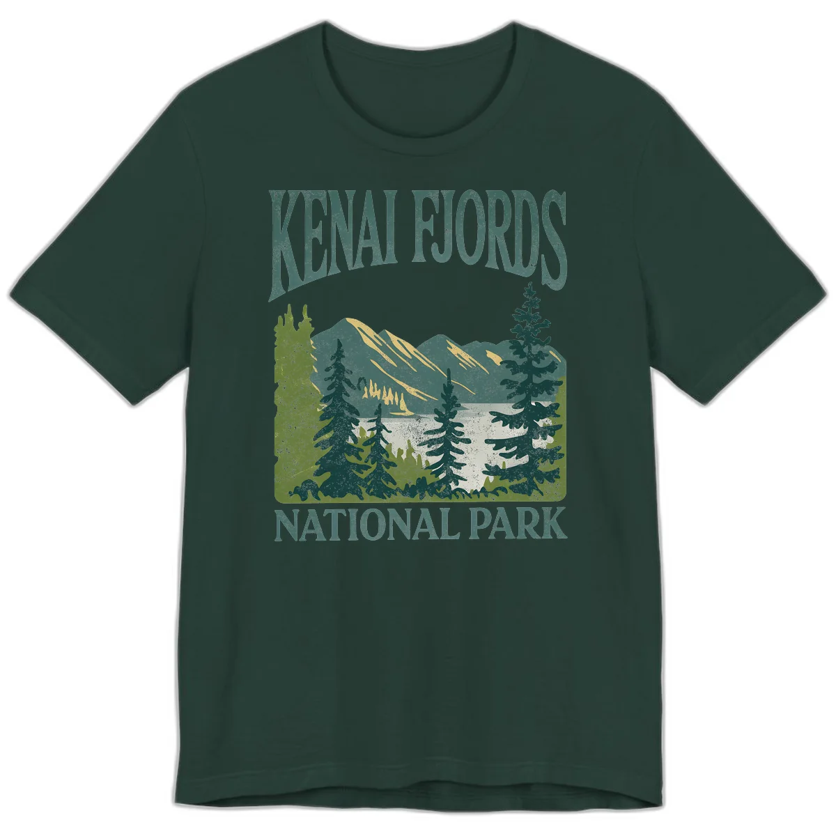 Vintage-style Kenai Fjords National Park poster art with snow-capped mountains, evergreen forests, and glacier landscape in teal and cream colors in Forest