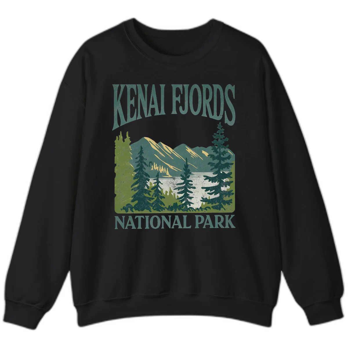 Vintage-style Kenai Fjords National Park poster art with snow-capped mountains, evergreen forests, and glacier landscape in teal and cream colors in Black