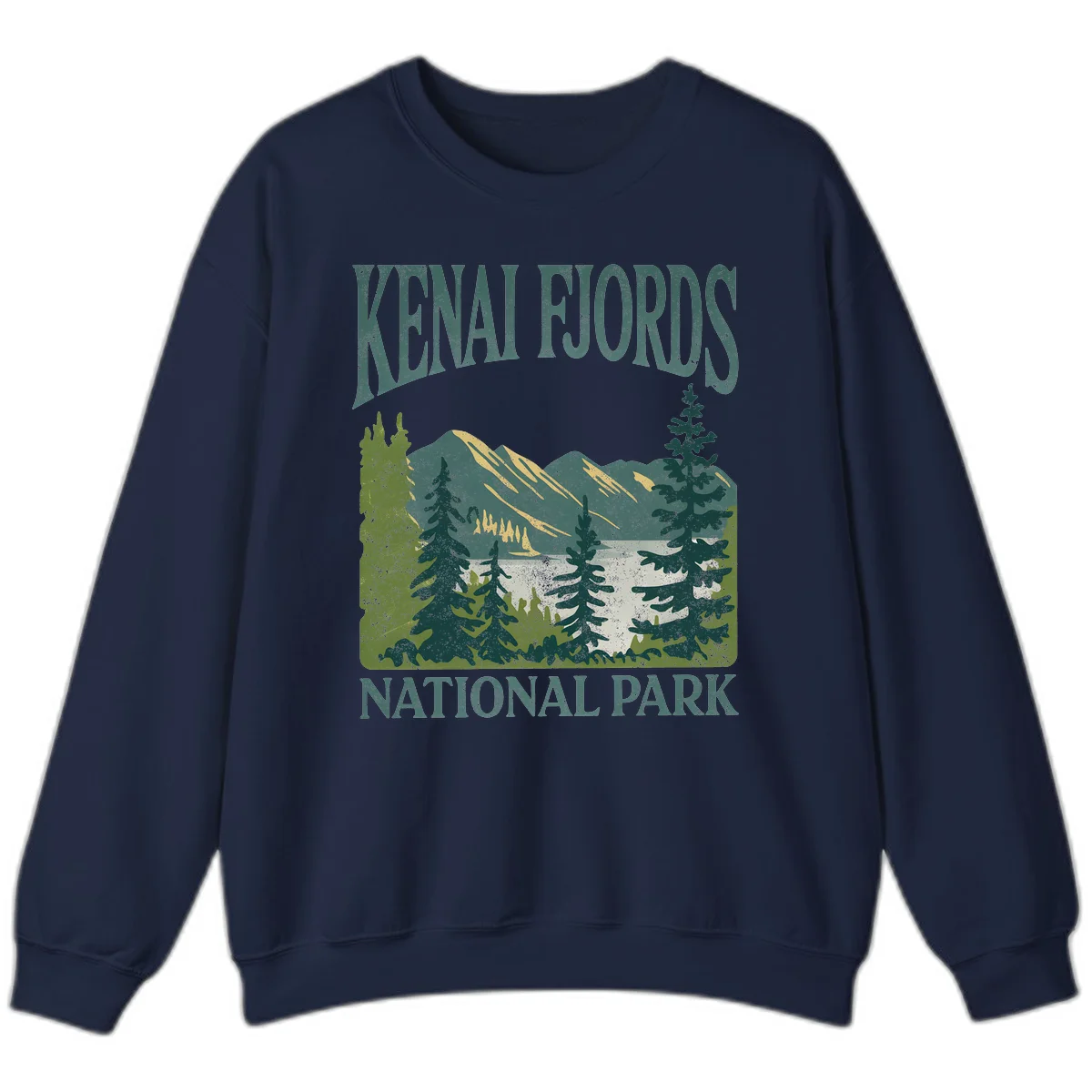 Vintage-style Kenai Fjords National Park poster art with snow-capped mountains, evergreen forests, and glacier landscape in teal and cream colors in Navy