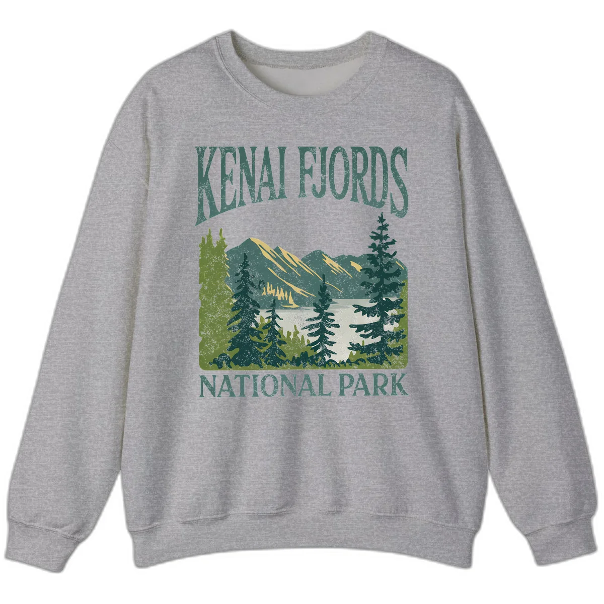 Vintage-style Kenai Fjords National Park poster art with snow-capped mountains, evergreen forests, and glacier landscape in teal and cream colors in Sport Grey