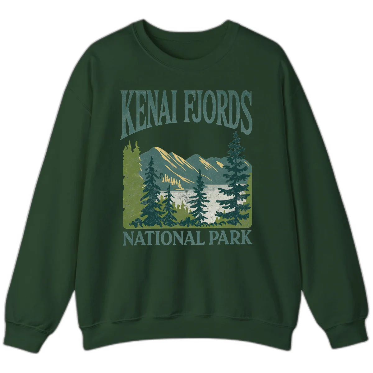 Vintage-style Kenai Fjords National Park poster art with snow-capped mountains, evergreen forests, and glacier landscape in teal and cream colors in Forest Green