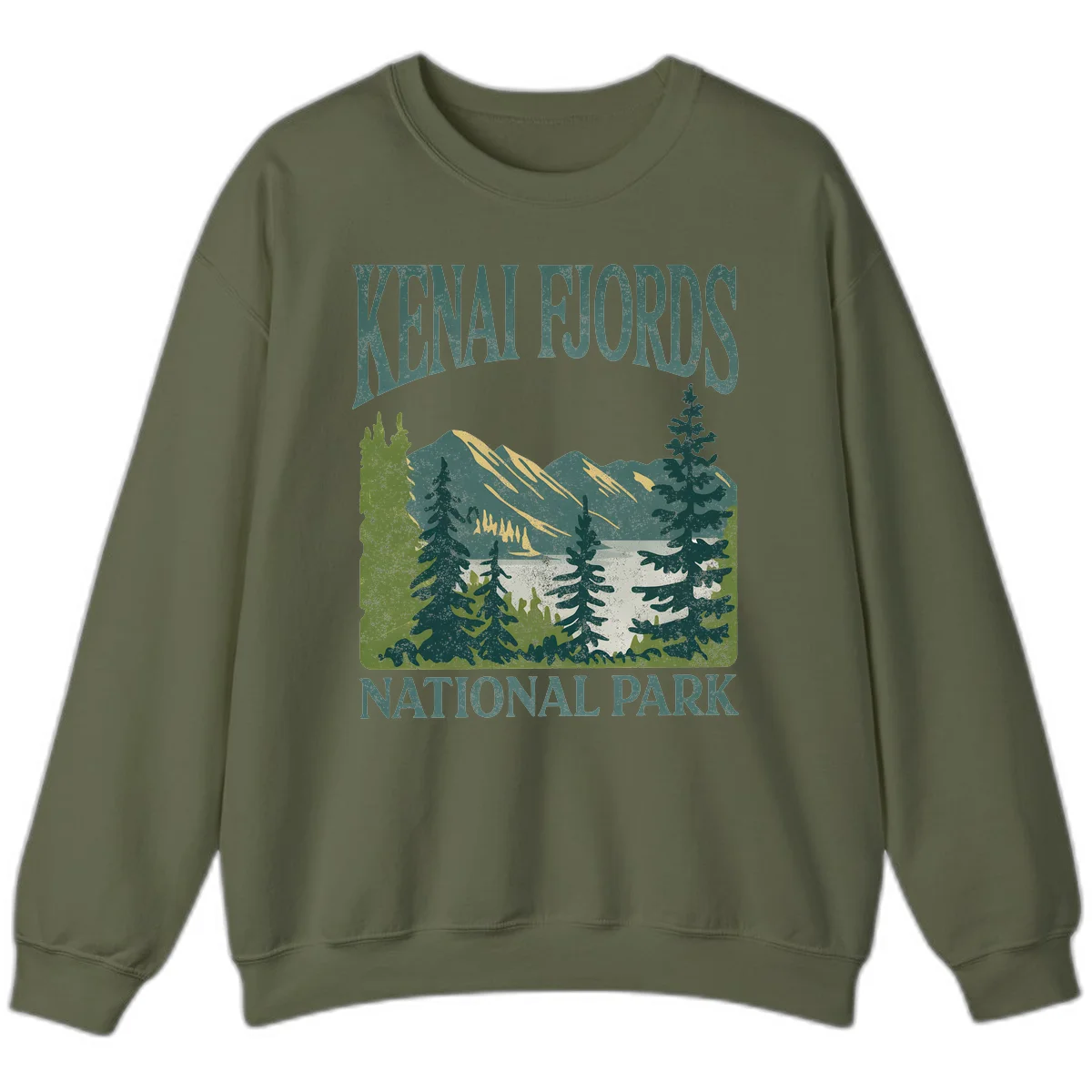 Vintage-style Kenai Fjords National Park poster art with snow-capped mountains, evergreen forests, and glacier landscape in teal and cream colors in Military Green