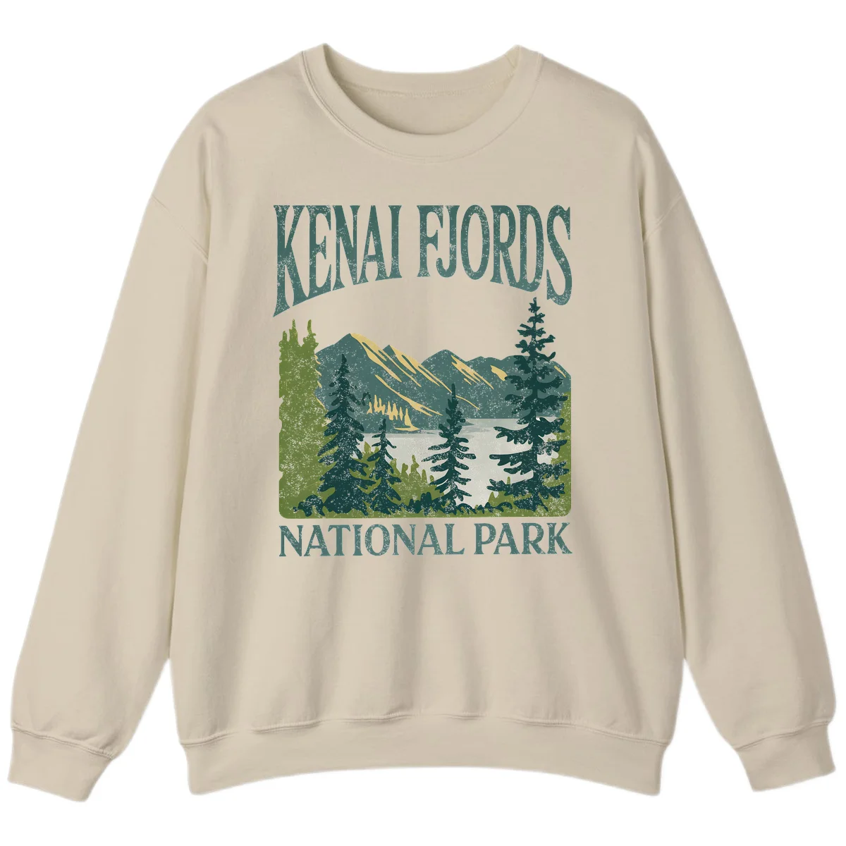 Vintage-style Kenai Fjords National Park poster art with snow-capped mountains, evergreen forests, and glacier landscape in teal and cream colors in Sand