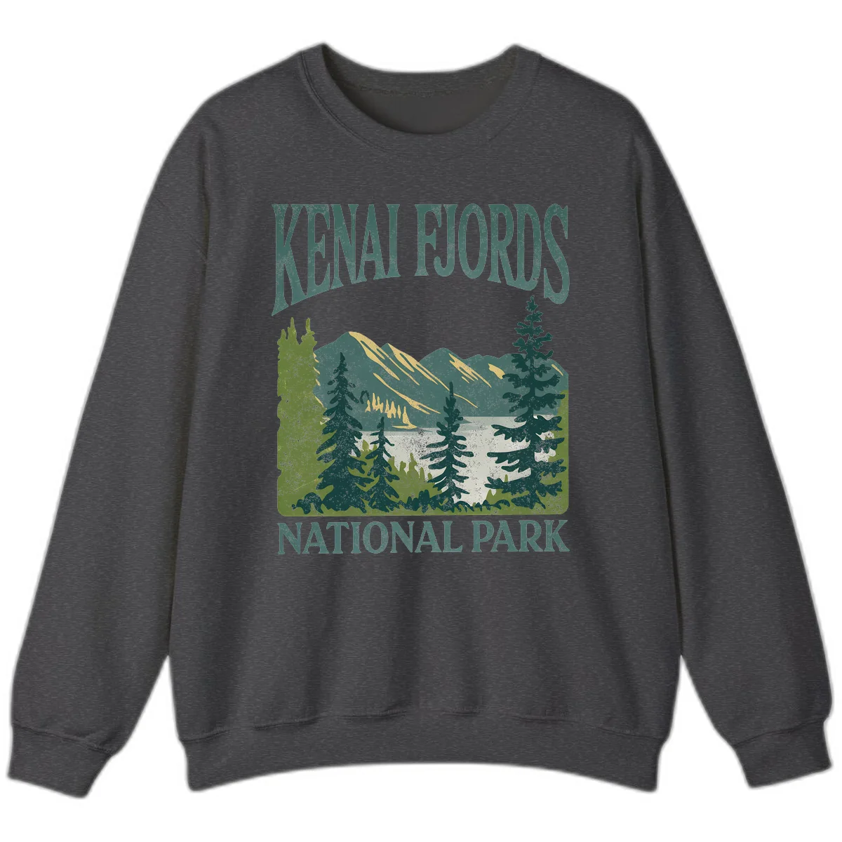 Vintage-style Kenai Fjords National Park poster art with snow-capped mountains, evergreen forests, and glacier landscape in teal and cream colors in Dark Heather