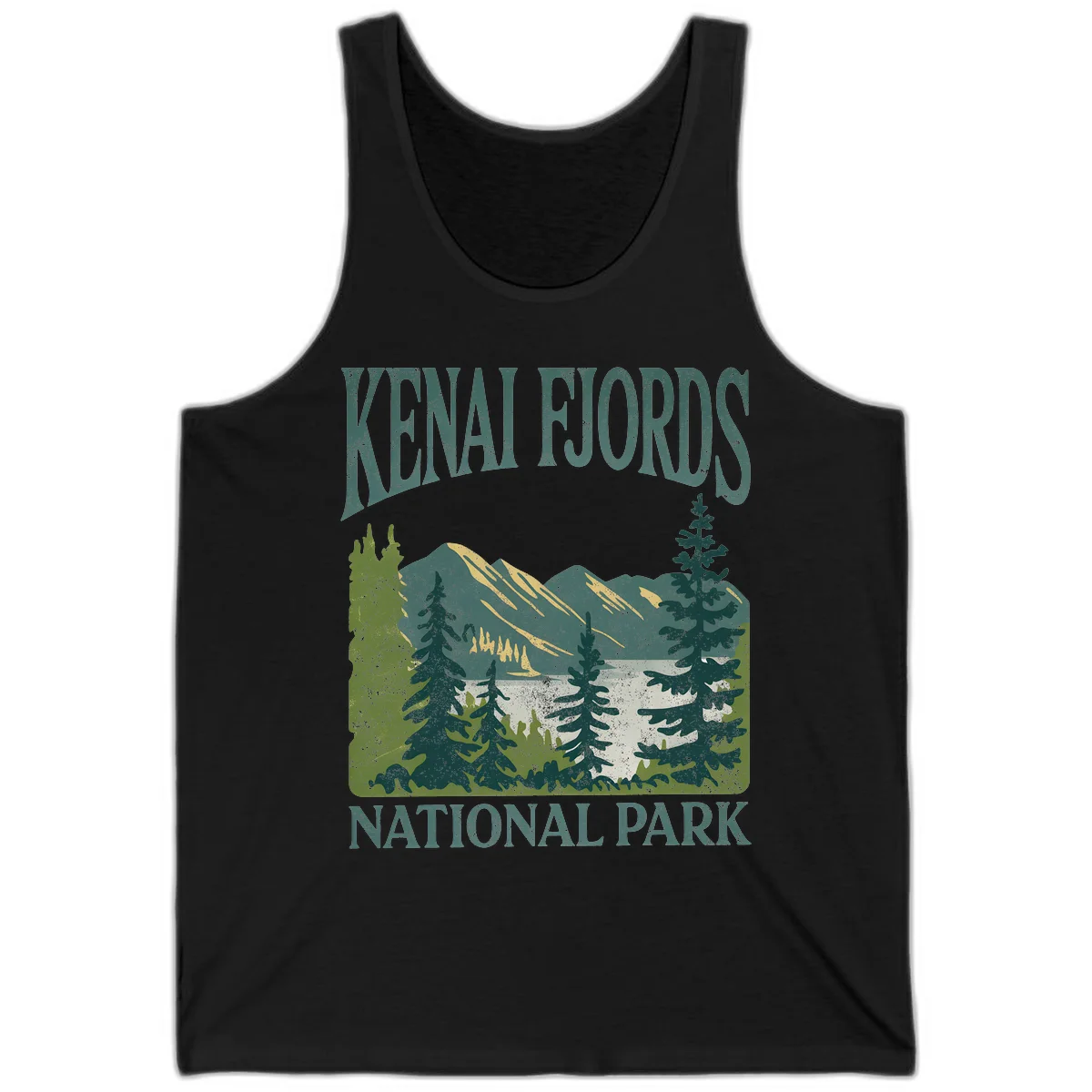 Vintage-style Kenai Fjords National Park poster art with snow-capped mountains, evergreen forests, and glacier landscape in teal and cream colors in Black