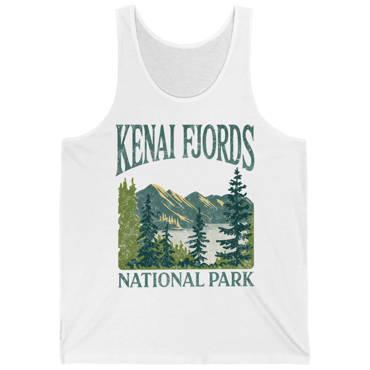 Vintage-style Kenai Fjords National Park poster art with snow-capped mountains, evergreen forests, and glacier landscape in teal and cream colors in White