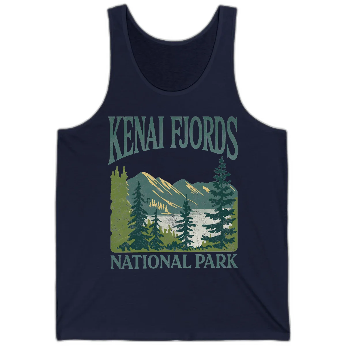 Vintage-style Kenai Fjords National Park poster art with snow-capped mountains, evergreen forests, and glacier landscape in teal and cream colors in Navy