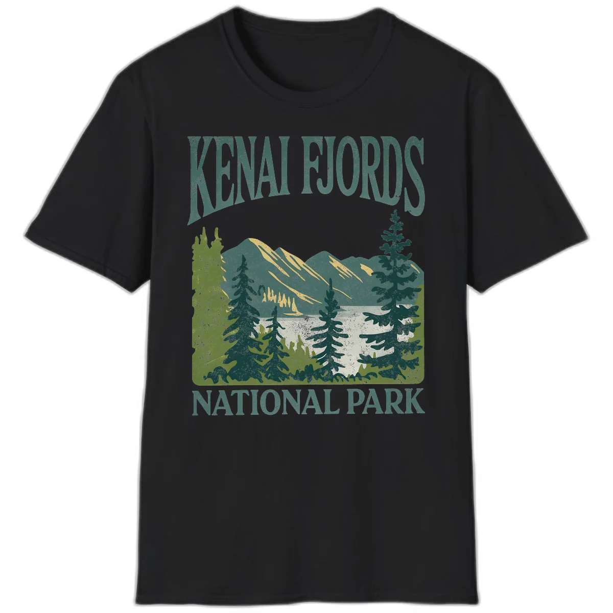 Vintage-style Kenai Fjords National Park poster art with snow-capped mountains, evergreen forests, and glacier landscape in teal and cream colors in Black