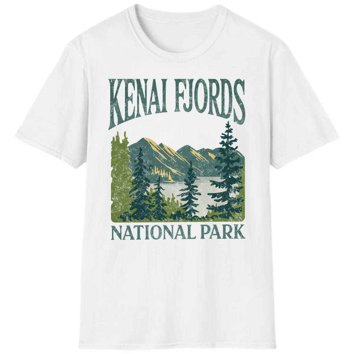 Vintage-style Kenai Fjords National Park poster art with snow-capped mountains, evergreen forests, and glacier landscape in teal and cream colors in White