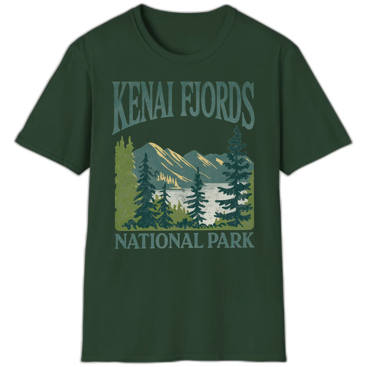 Vintage-style Kenai Fjords National Park poster art with snow-capped mountains, evergreen forests, and glacier landscape in teal and cream colors in Forest Green