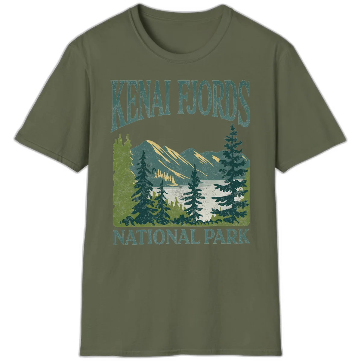Vintage-style Kenai Fjords National Park poster art with snow-capped mountains, evergreen forests, and glacier landscape in teal and cream colors in Military Green