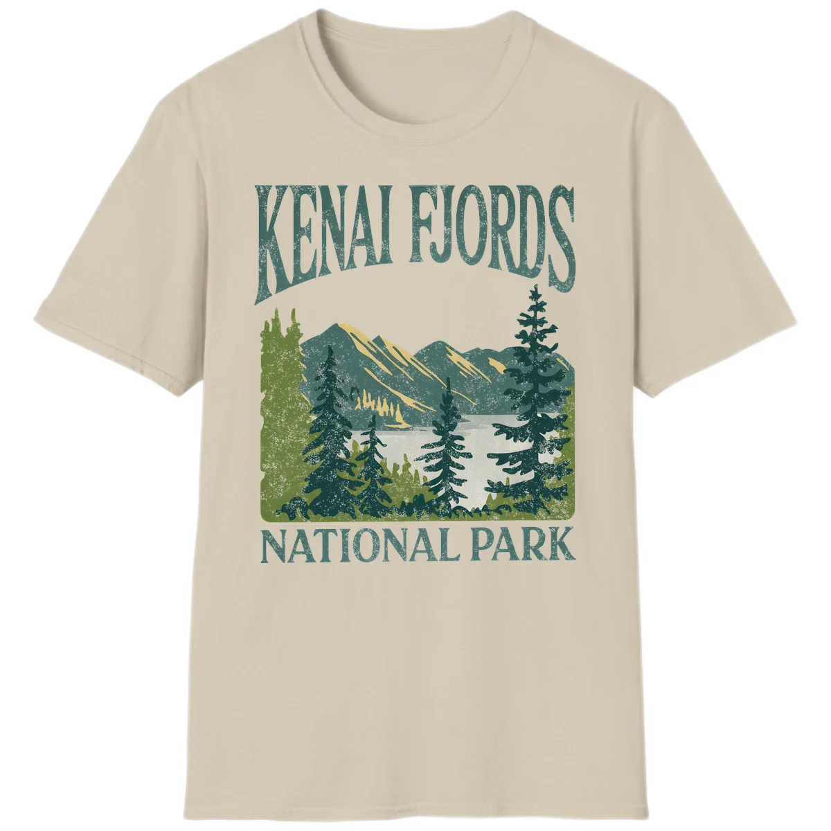 Vintage-style Kenai Fjords National Park poster art with snow-capped mountains, evergreen forests, and glacier landscape in teal and cream colors in Sand