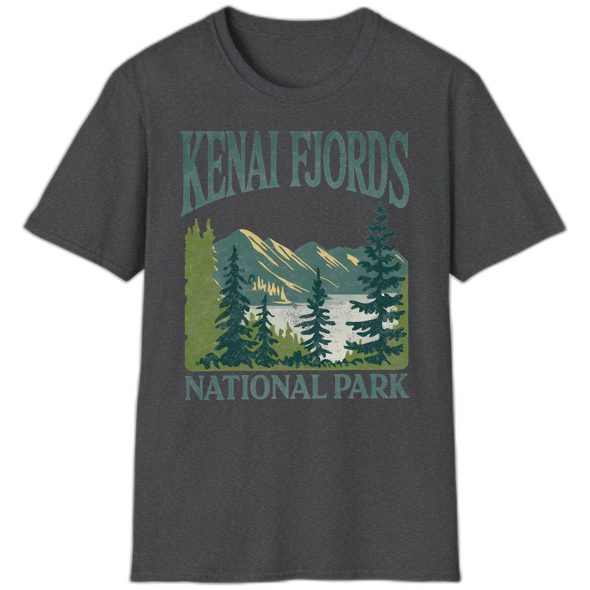 Vintage-style Kenai Fjords National Park poster art with snow-capped mountains, evergreen forests, and glacier landscape in teal and cream colors in Dark Heather