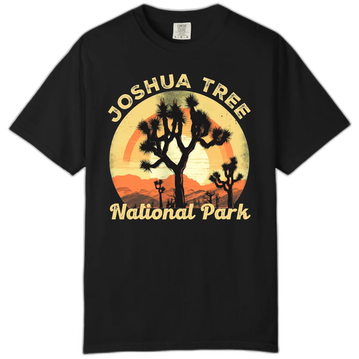 Vintage circular badge design featuring joshua tree desert sunset with silhouetted trees and warm gradient sky in Black