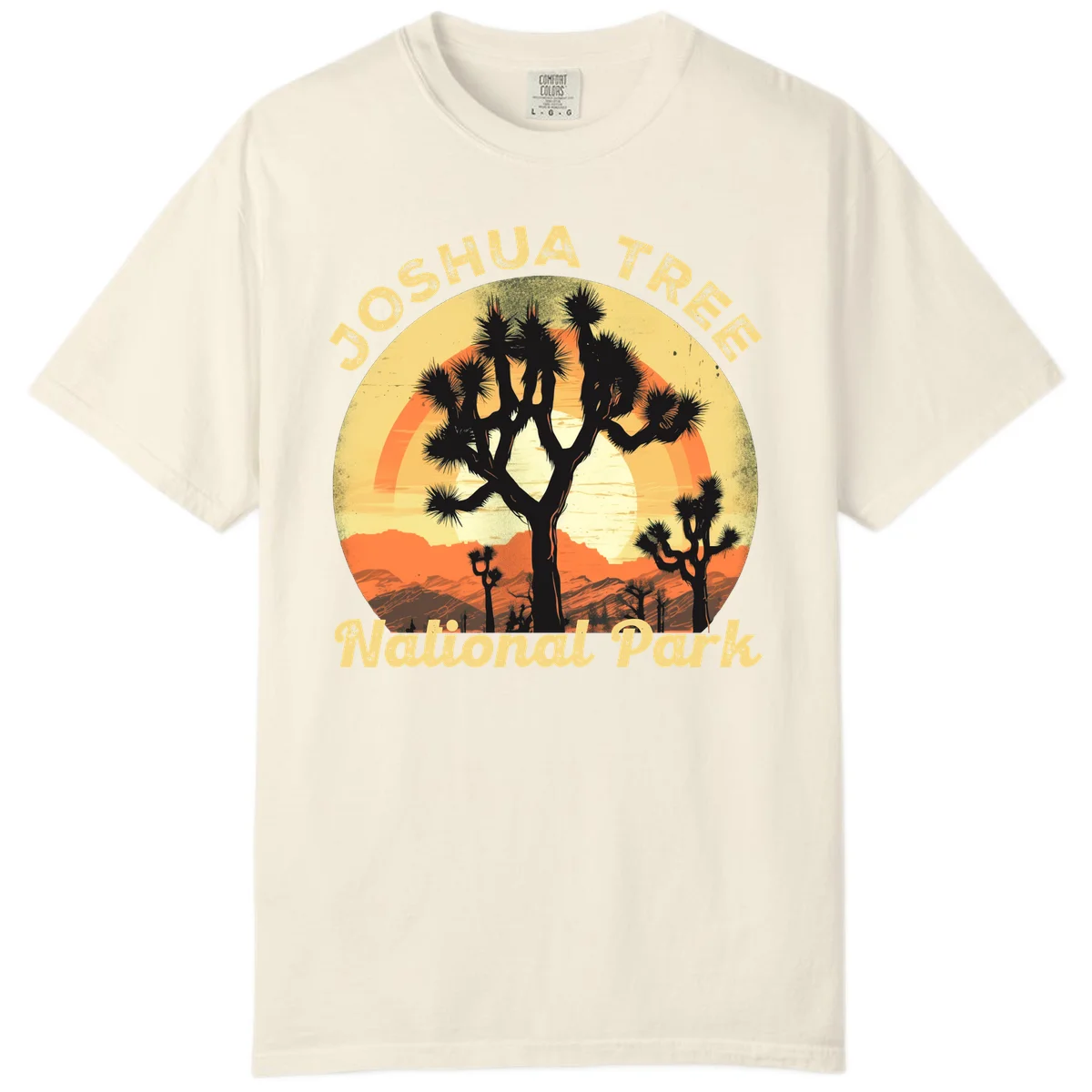 Vintage circular badge design featuring joshua tree desert sunset with silhouetted trees and warm gradient sky in Ivory