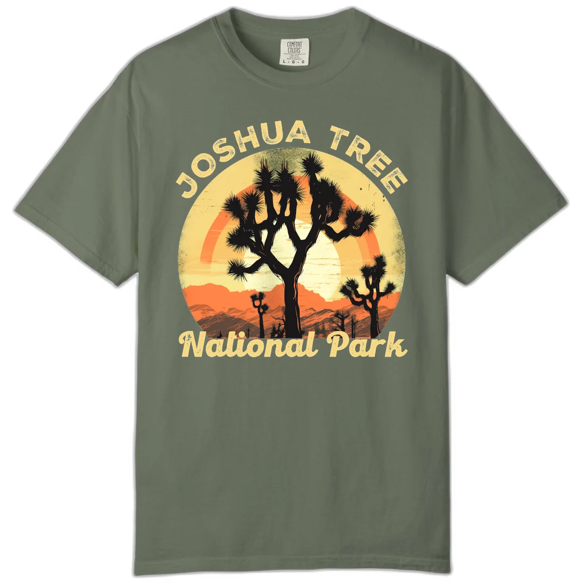 Vintage circular badge design featuring joshua tree desert sunset with silhouetted trees and warm gradient sky in Moss