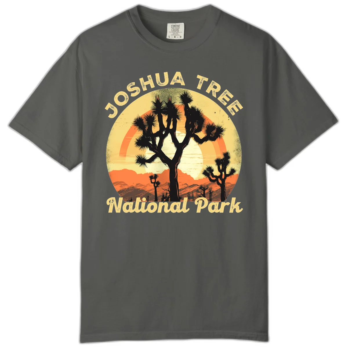 Vintage circular badge design featuring joshua tree desert sunset with silhouetted trees and warm gradient sky in Pepper