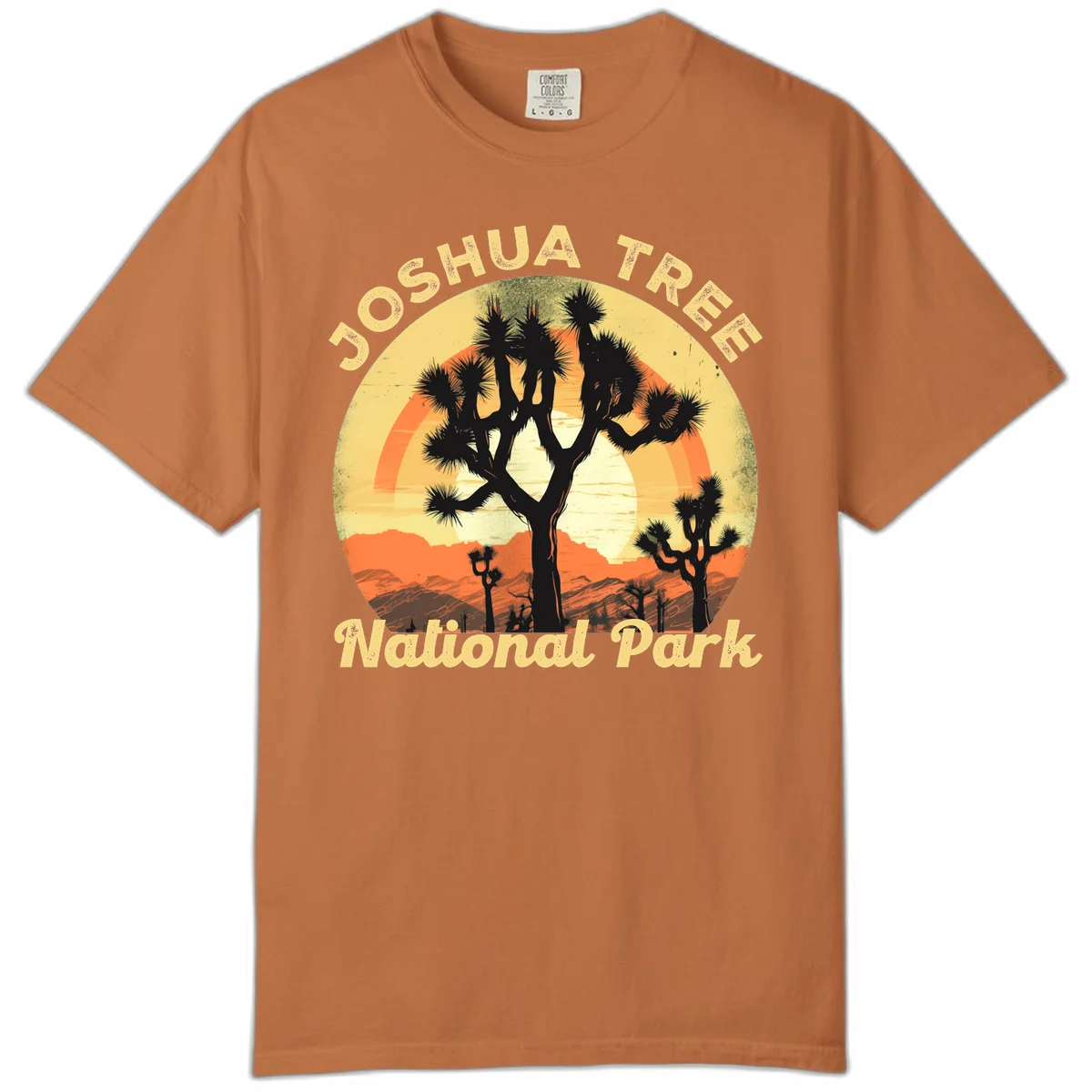 Vintage circular badge design featuring joshua tree desert sunset with silhouetted trees and warm gradient sky in Yam