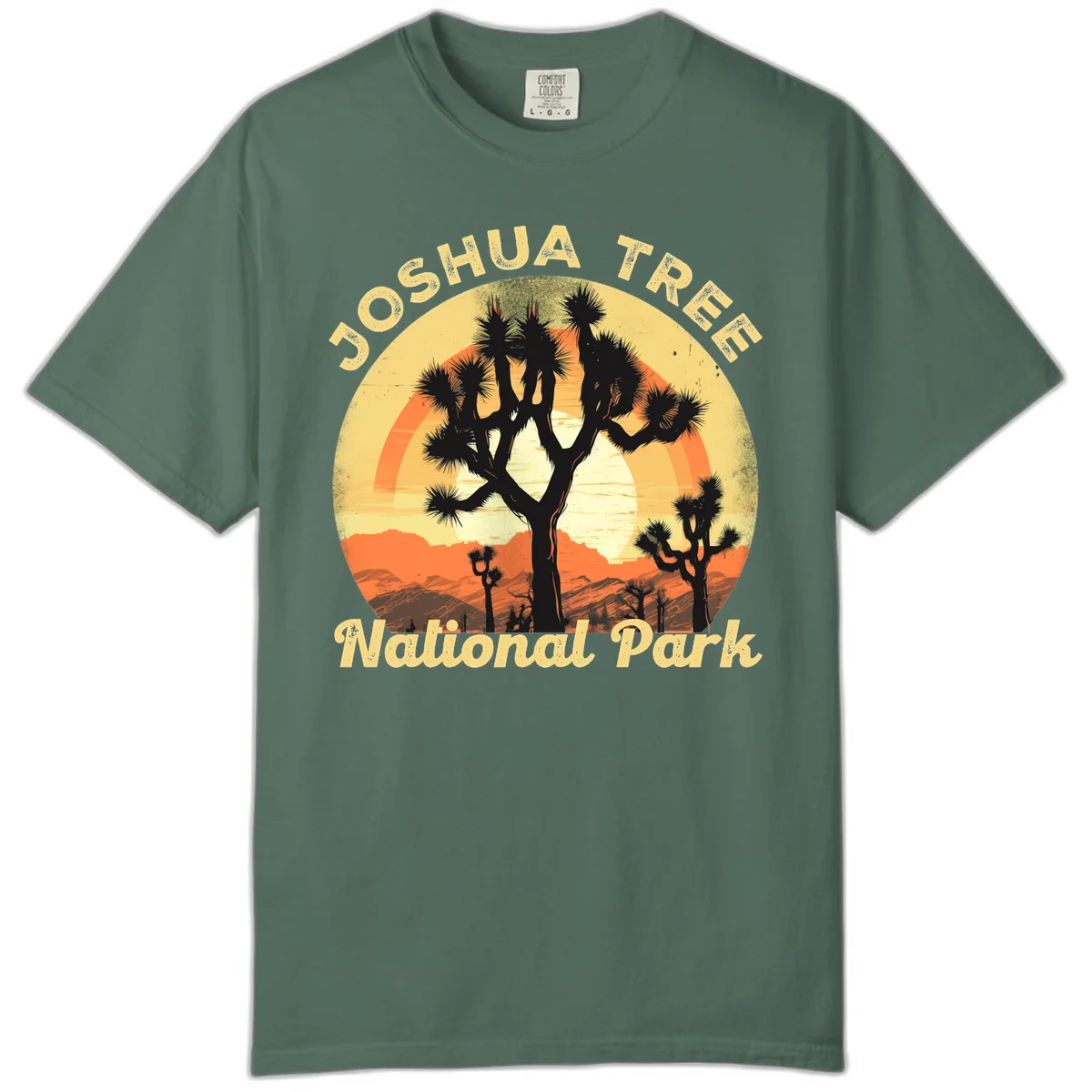 Vintage circular badge design featuring joshua tree desert sunset with silhouetted trees and warm gradient sky in Blue Spruce