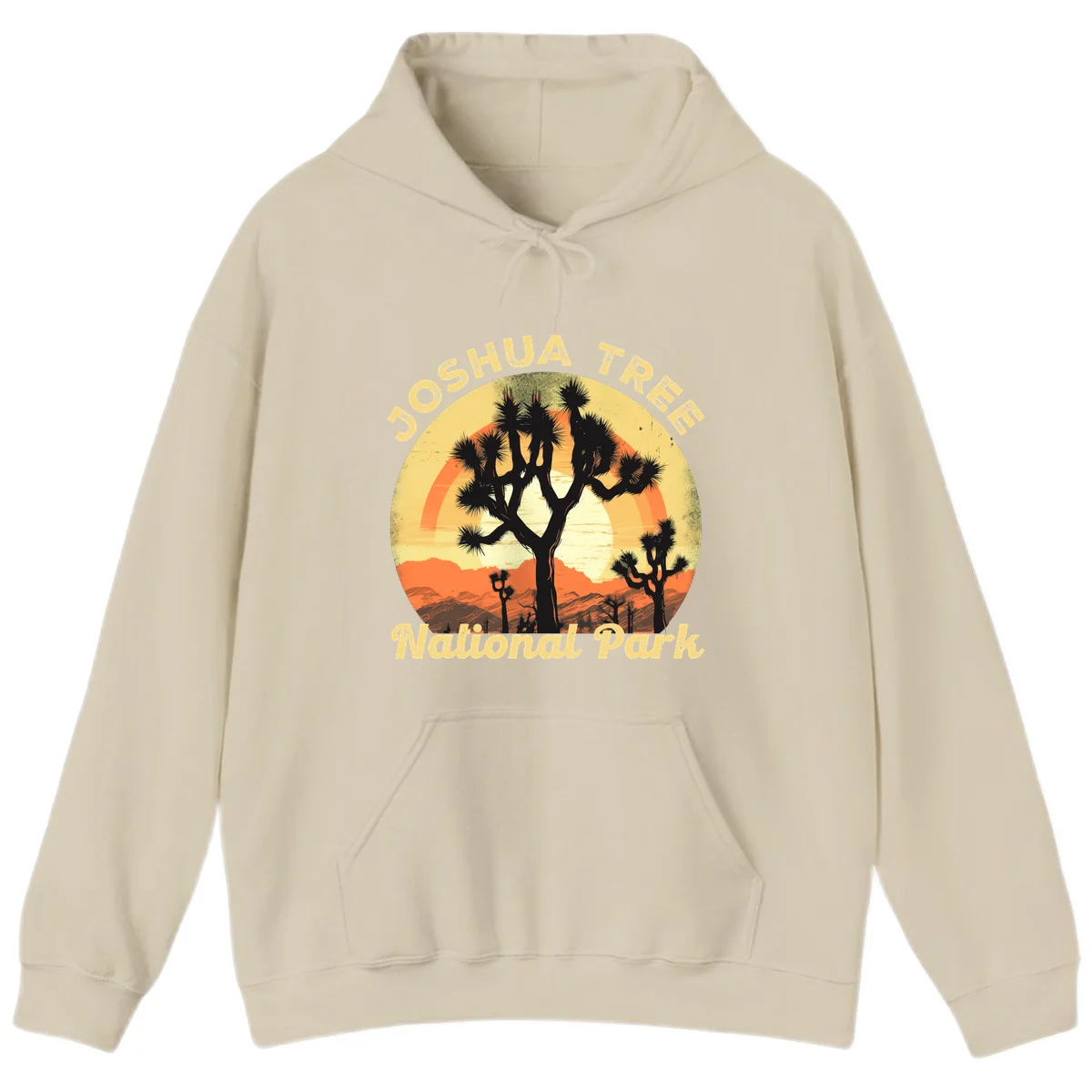 Vintage circular badge design featuring joshua tree desert sunset with silhouetted trees and warm gradient sky in Sand