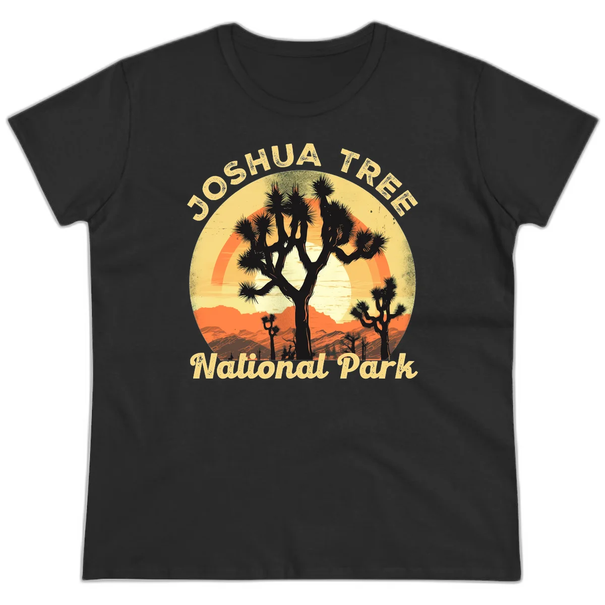 Vintage circular badge design featuring joshua tree desert sunset with silhouetted trees and warm gradient sky in Black