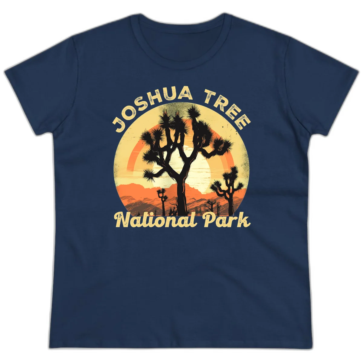 Vintage circular badge design featuring joshua tree desert sunset with silhouetted trees and warm gradient sky in Navy