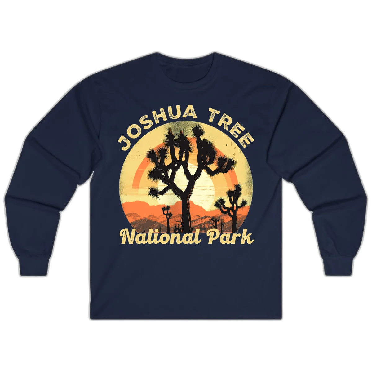 Vintage circular badge design featuring joshua tree desert sunset with silhouetted trees and warm gradient sky in Navy