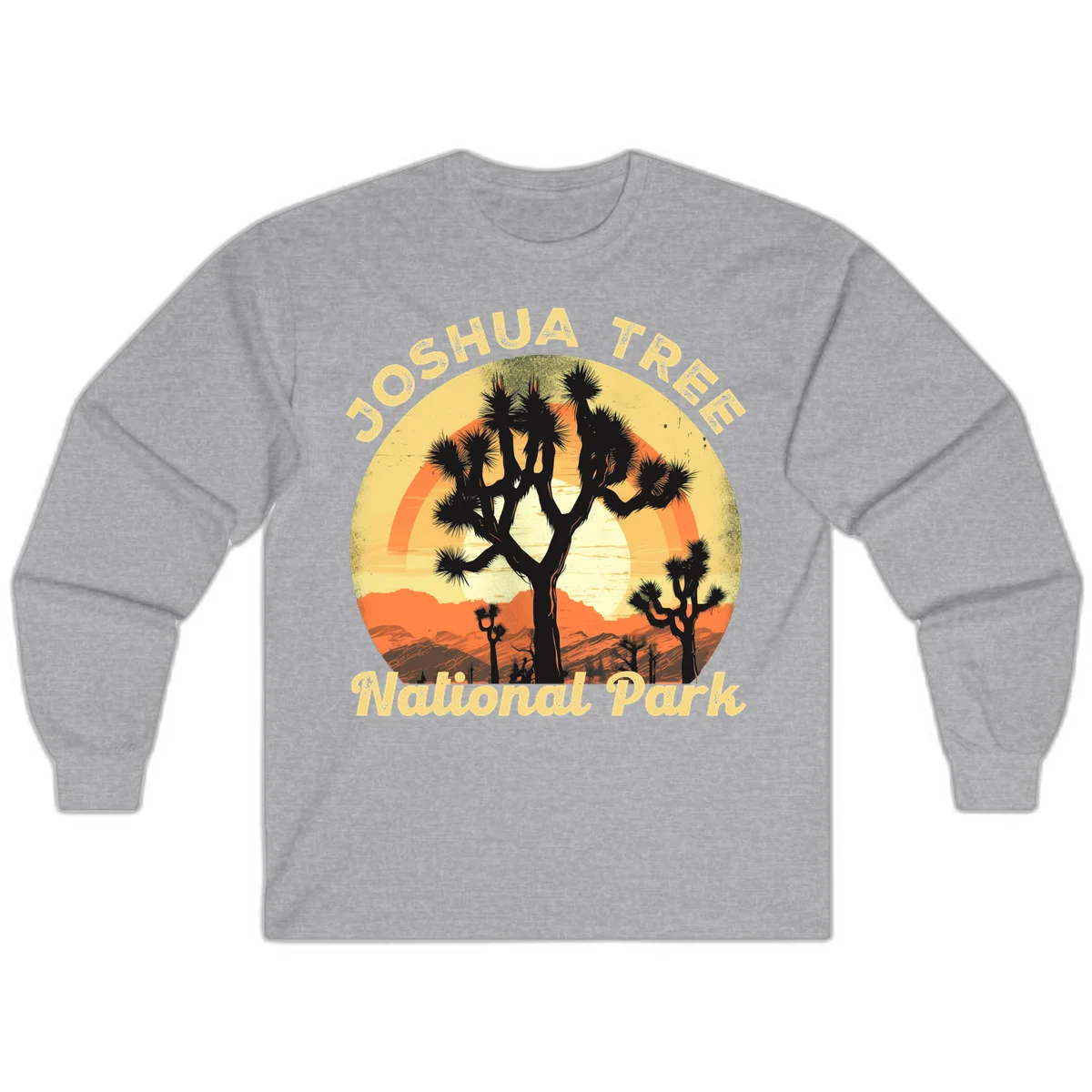 Vintage circular badge design featuring joshua tree desert sunset with silhouetted trees and warm gradient sky in Sport Grey