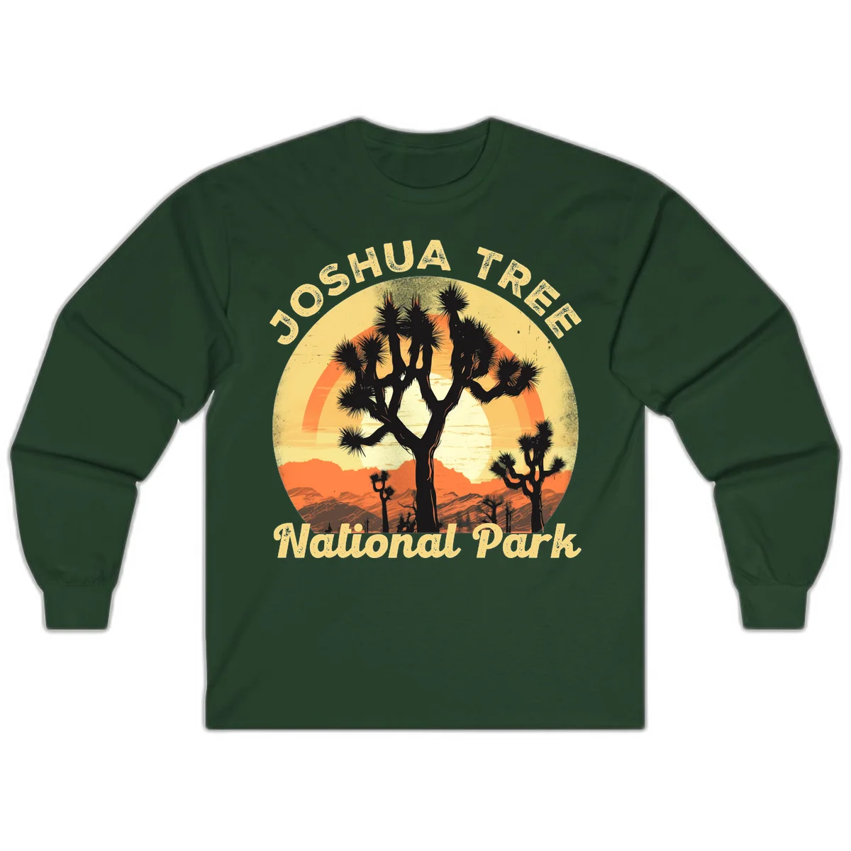 Vintage circular badge design featuring joshua tree desert sunset with silhouetted trees and warm gradient sky in Forest Green