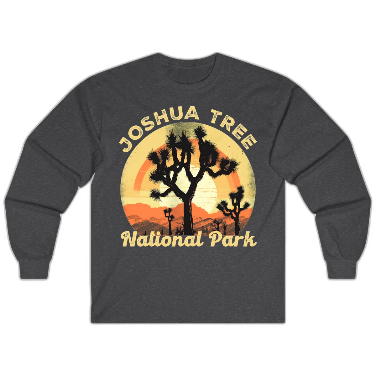 Vintage circular badge design featuring joshua tree desert sunset with silhouetted trees and warm gradient sky in Dark Heather