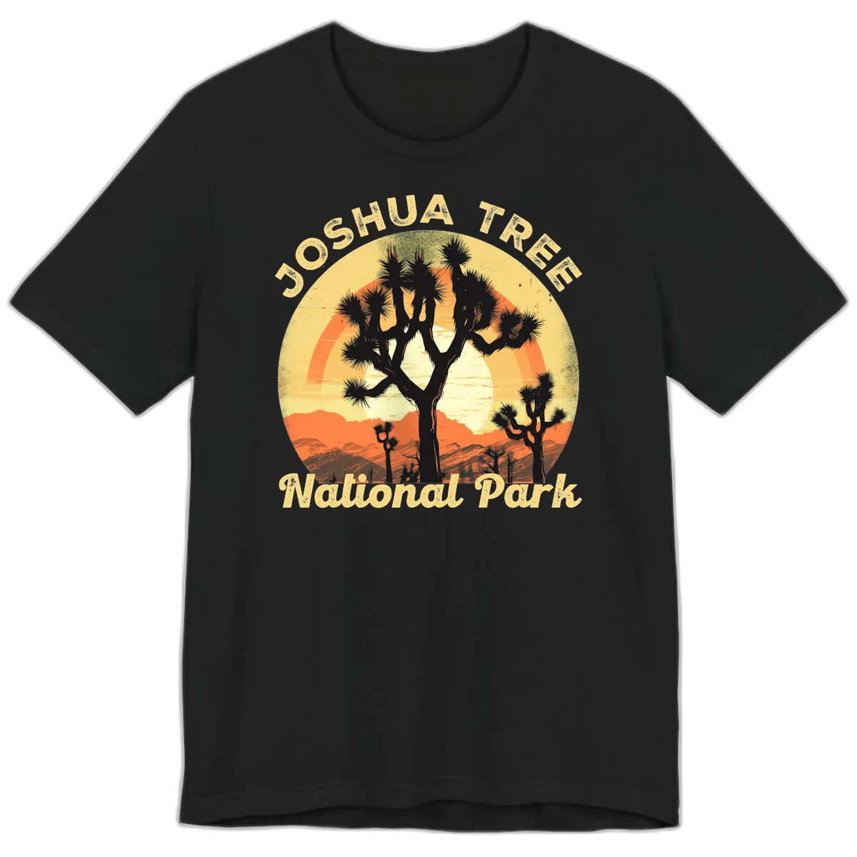 Vintage circular badge design featuring joshua tree desert sunset with silhouetted trees and warm gradient sky in Black