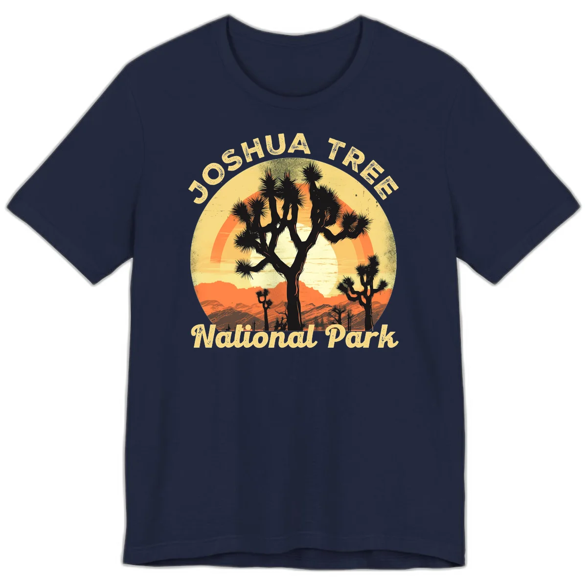 Vintage circular badge design featuring joshua tree desert sunset with silhouetted trees and warm gradient sky in Navy