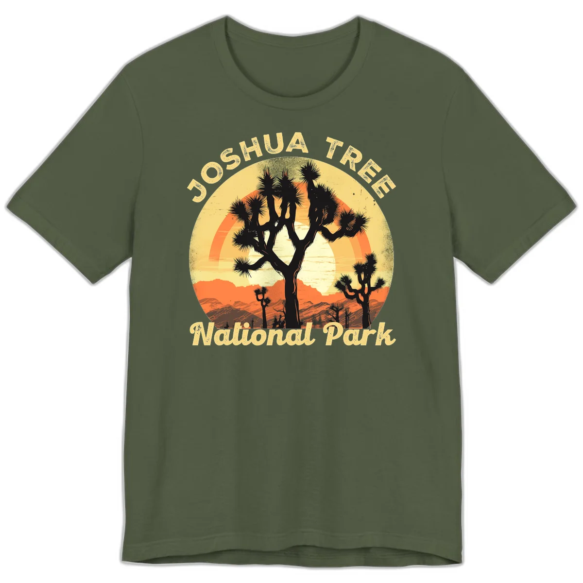 Vintage circular badge design featuring joshua tree desert sunset with silhouetted trees and warm gradient sky in Military Green