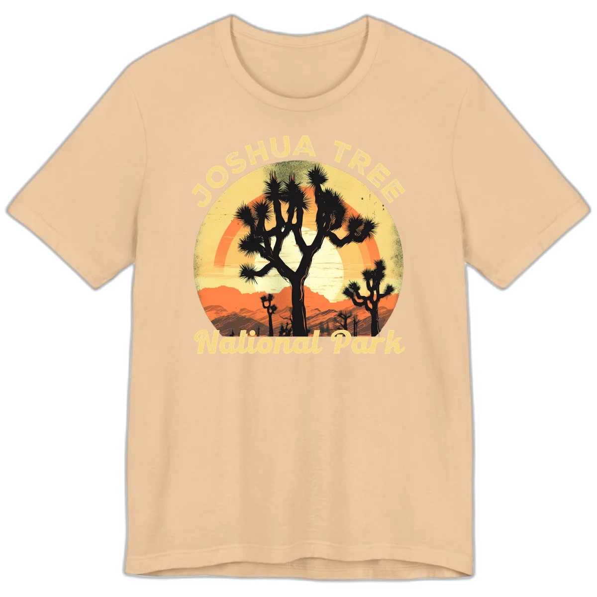 Vintage circular badge design featuring joshua tree desert sunset with silhouetted trees and warm gradient sky in Sand Dune