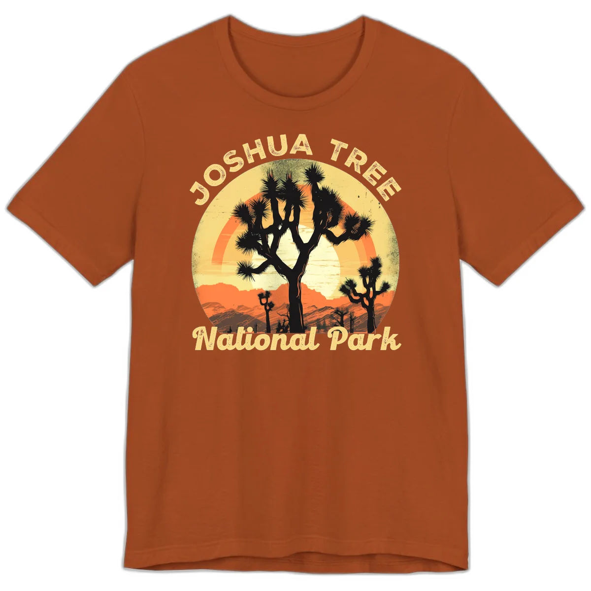 Vintage circular badge design featuring joshua tree desert sunset with silhouetted trees and warm gradient sky in Autumn