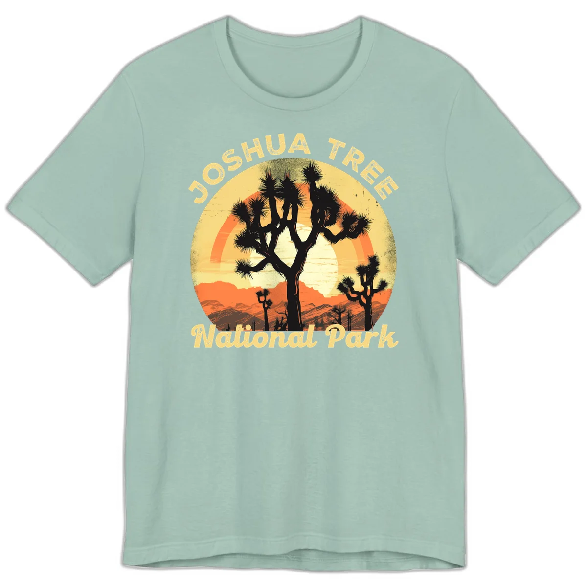 Vintage circular badge design featuring joshua tree desert sunset with silhouetted trees and warm gradient sky in Dusty Blue