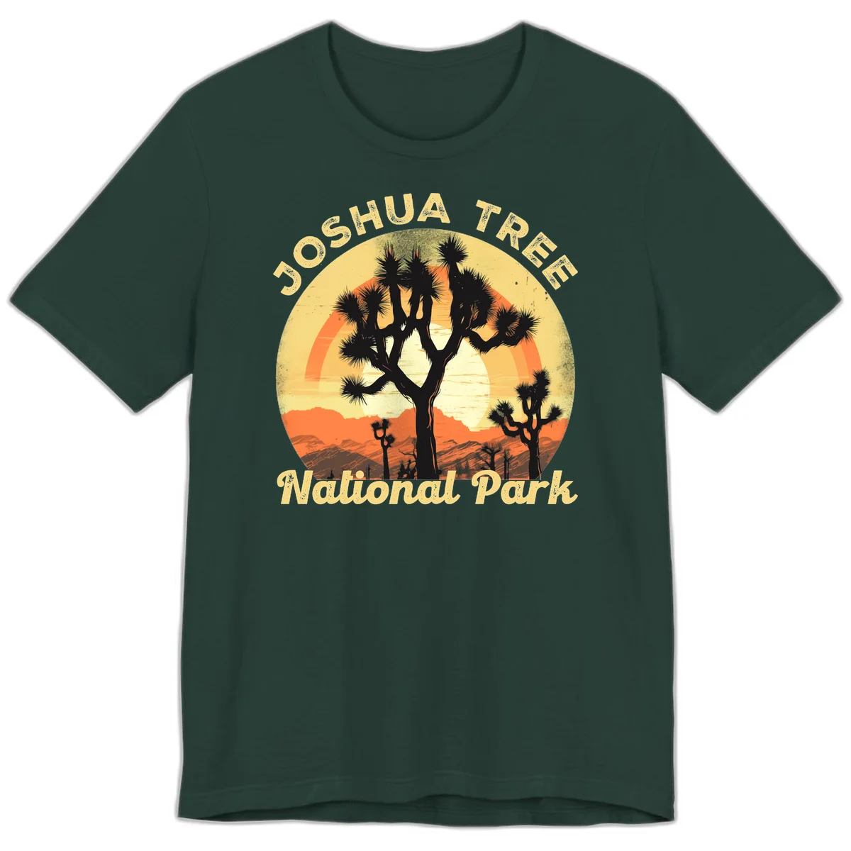 Vintage circular badge design featuring joshua tree desert sunset with silhouetted trees and warm gradient sky in Forest