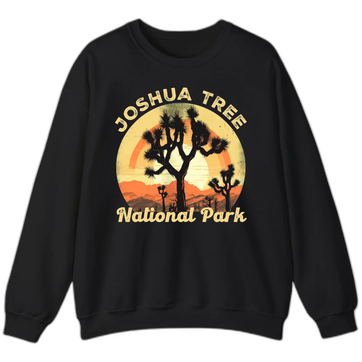 Vintage circular badge design featuring joshua tree desert sunset with silhouetted trees and warm gradient sky in Black