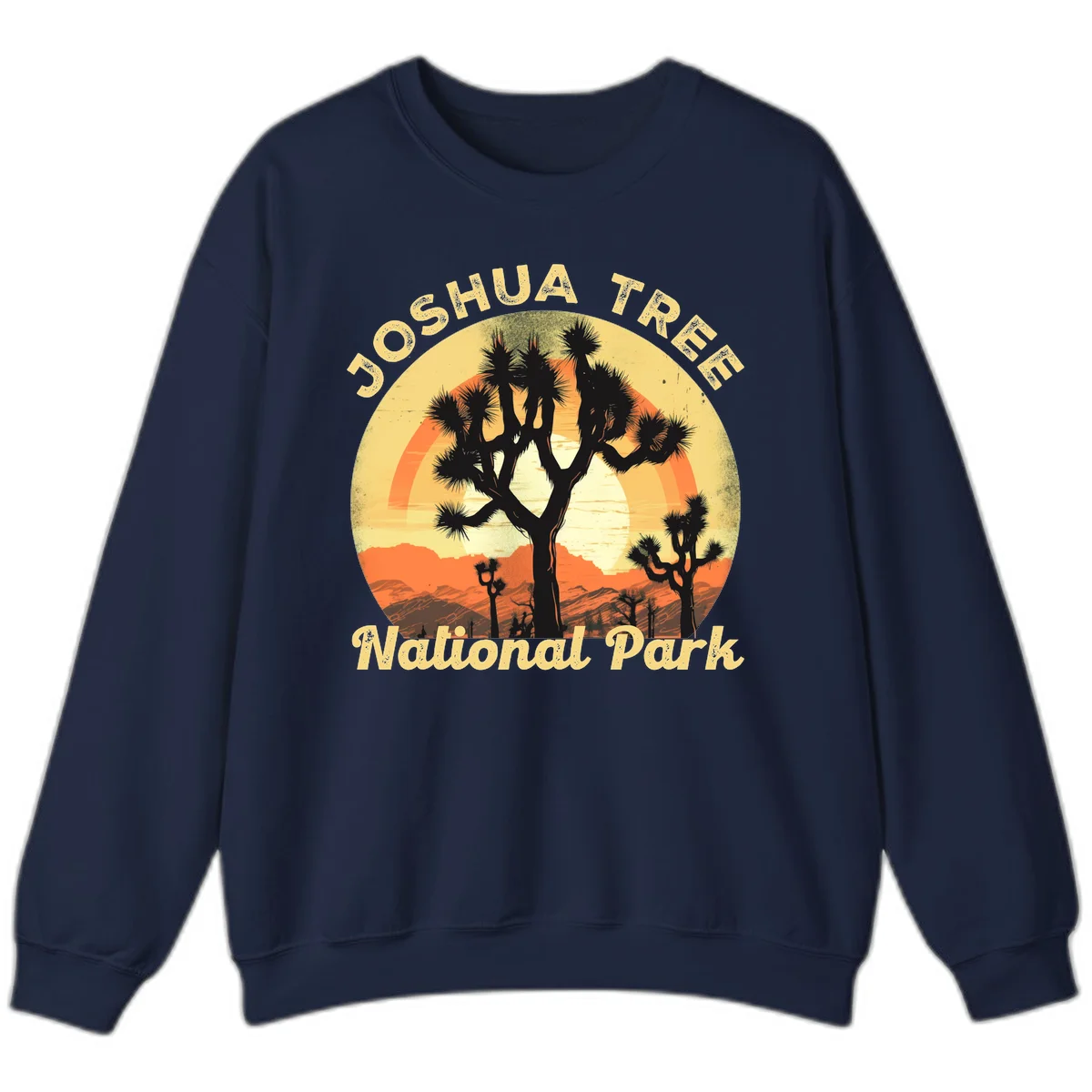 Vintage circular badge design featuring joshua tree desert sunset with silhouetted trees and warm gradient sky in Navy