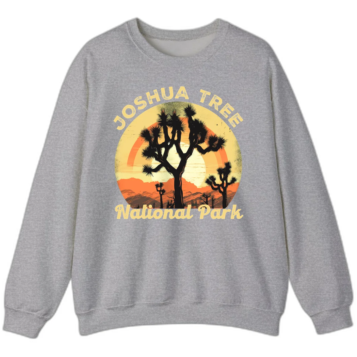 Vintage circular badge design featuring joshua tree desert sunset with silhouetted trees and warm gradient sky in Sport Grey