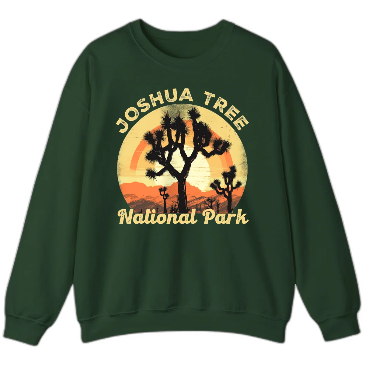 Vintage circular badge design featuring joshua tree desert sunset with silhouetted trees and warm gradient sky in Forest Green