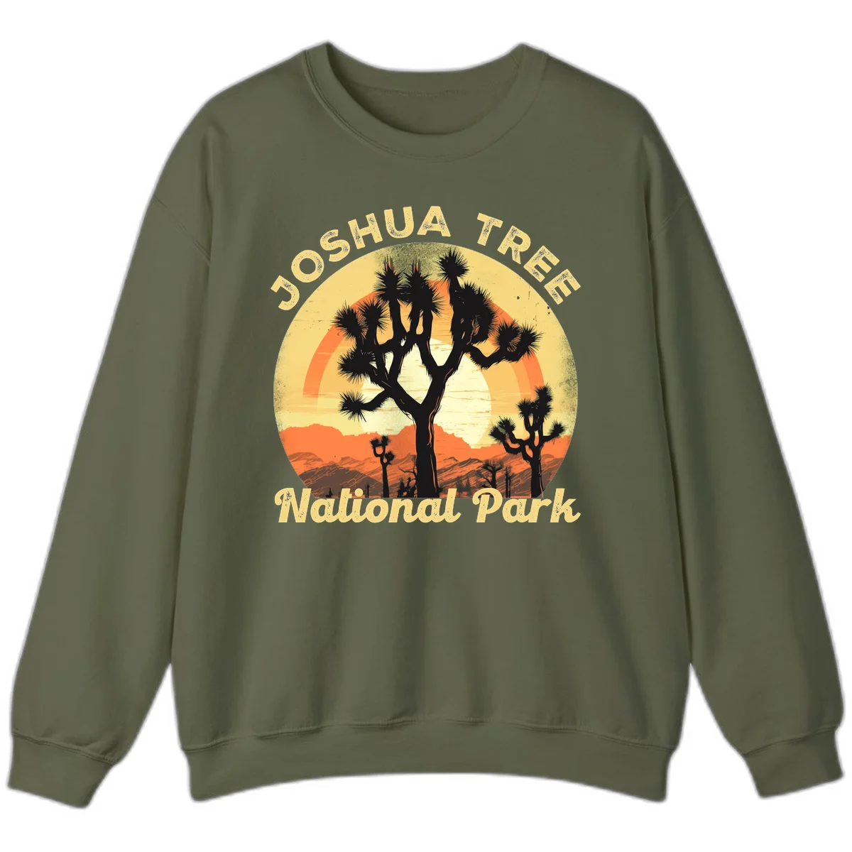 Vintage circular badge design featuring joshua tree desert sunset with silhouetted trees and warm gradient sky in Military Green