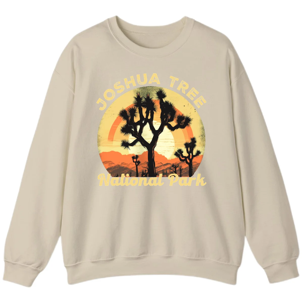 Vintage circular badge design featuring joshua tree desert sunset with silhouetted trees and warm gradient sky in Sand