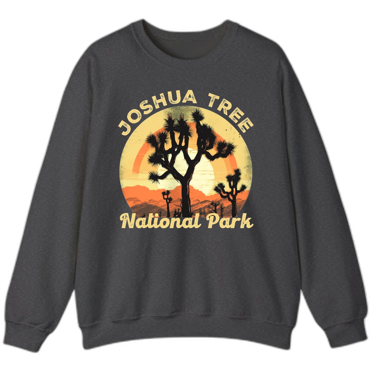 Vintage circular badge design featuring joshua tree desert sunset with silhouetted trees and warm gradient sky in Dark Heather