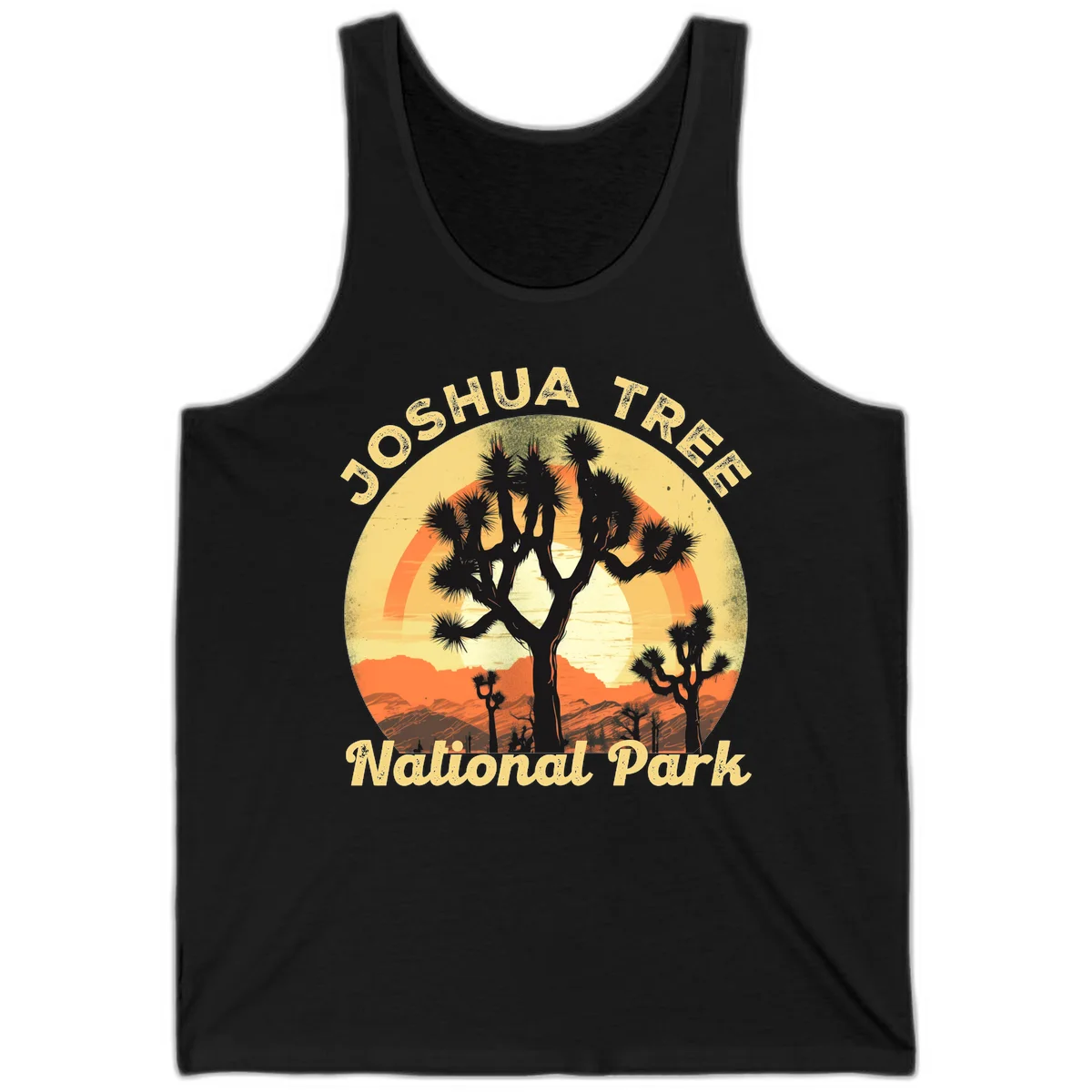 Vintage circular badge design featuring joshua tree desert sunset with silhouetted trees and warm gradient sky in Black